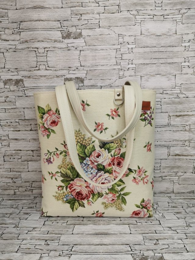 Torebka damska shopper torebka na ramię zamykana gobelin - kwiaty