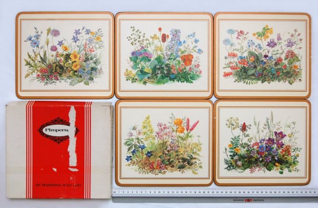 Pimpernel, Portmeirion UK, drewniane podkładki na stół, kwiaty, botaniczne, 5 szt., vintage