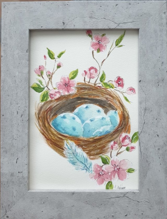 Akwarela ręcznie malowana prezenty jajka gniazdo+rama