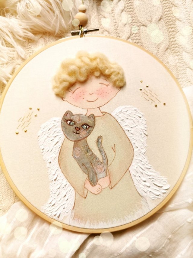 Aniołek z kotem, ręcznie malowany obrazek na pamiątkę dla dziecka