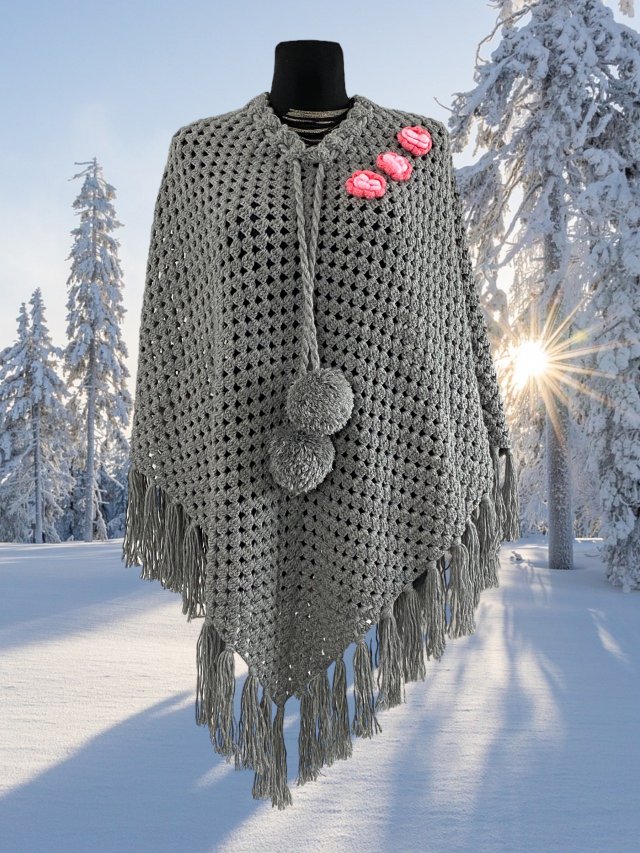 Szydełkowe Ponczo Handmade z frędzlami Vintage Boho Hippie – rozmiar over XS-2XL