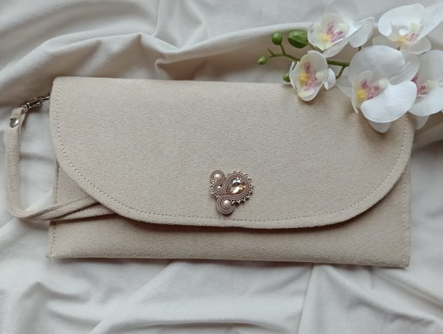 Torebka kopertówka śmietankowa, soutache sutasz, ecru nude kopertówka, beżowa kopertówka