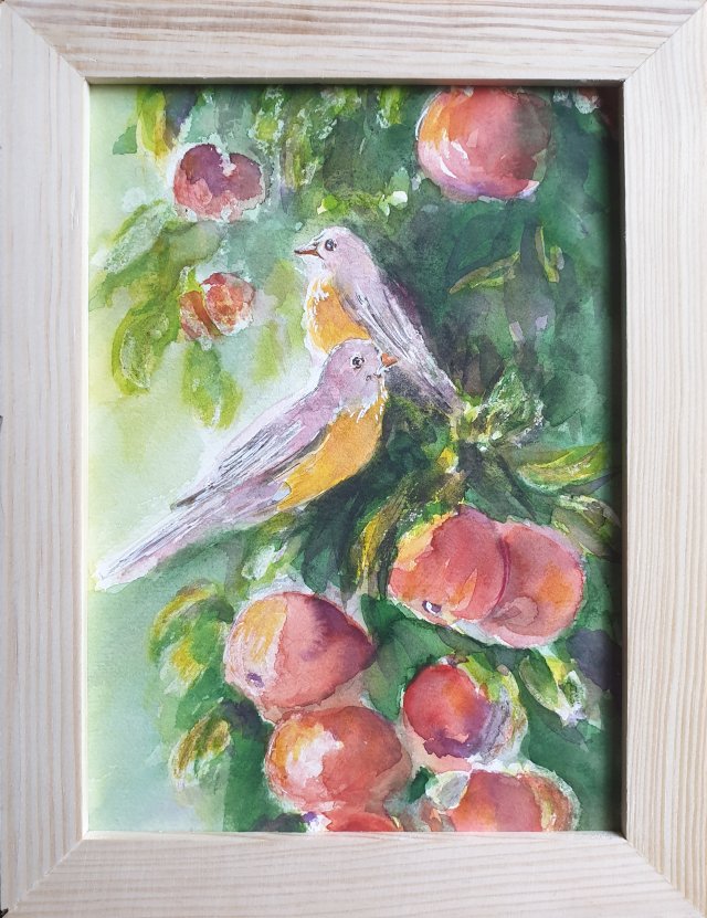 Akwarela Obraz Ręcznie malowany  Ptaki +rama