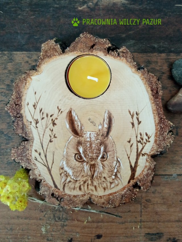 Świecznik drewniany, świecznik z plastra drewna "Sowa", pirografia