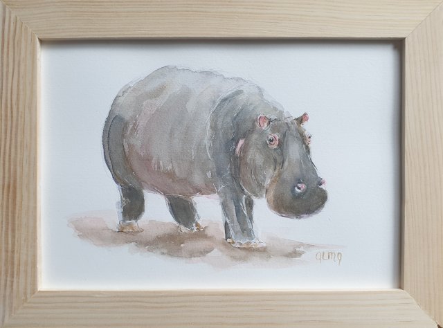 Akwarela ręcznie malowana prezenty  hipopotam+ rama