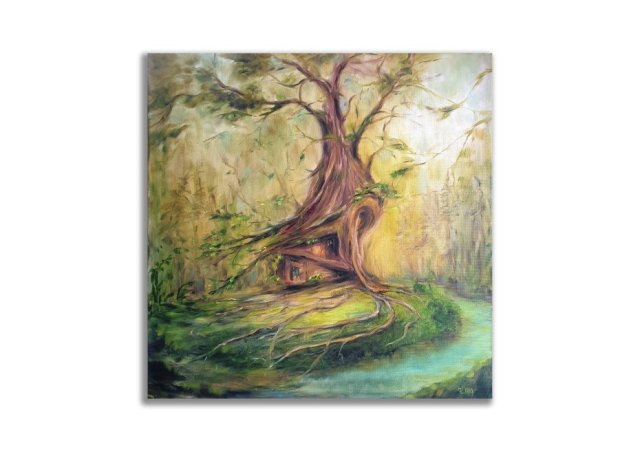 Obraz olejny ręcznie malowany 60x60 cm autorski oryginalny domek drzewo
