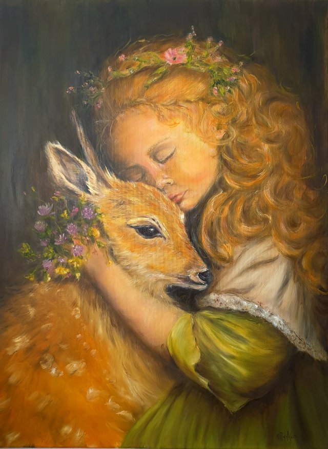 Obraz olejny ręcznie malowany 60x80cm "Sarenka i dziewczyna"