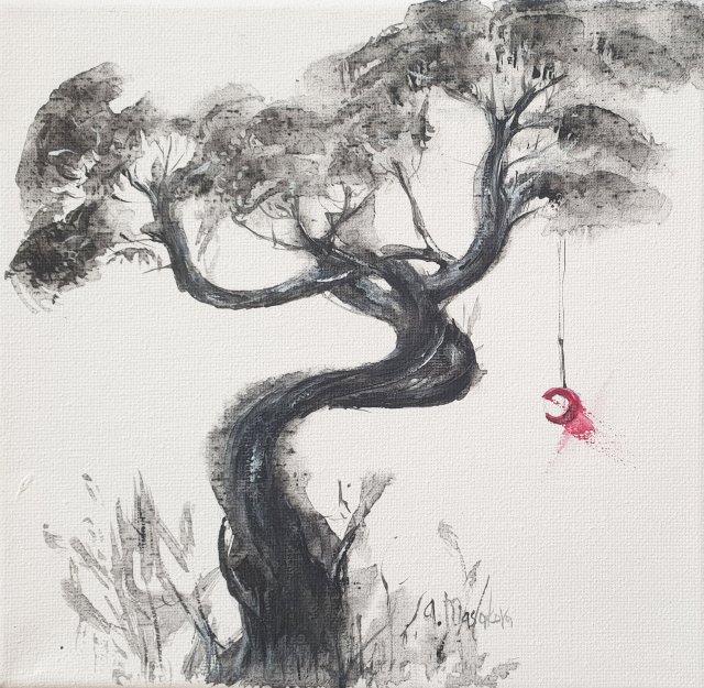 Obraz ręcznie malowany  20x20cm drzewo abstrakcja