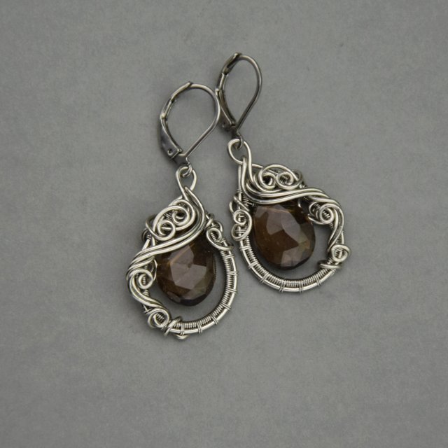 Kolczyki kwarc dymny oryginalne eleganckie wire wrapping