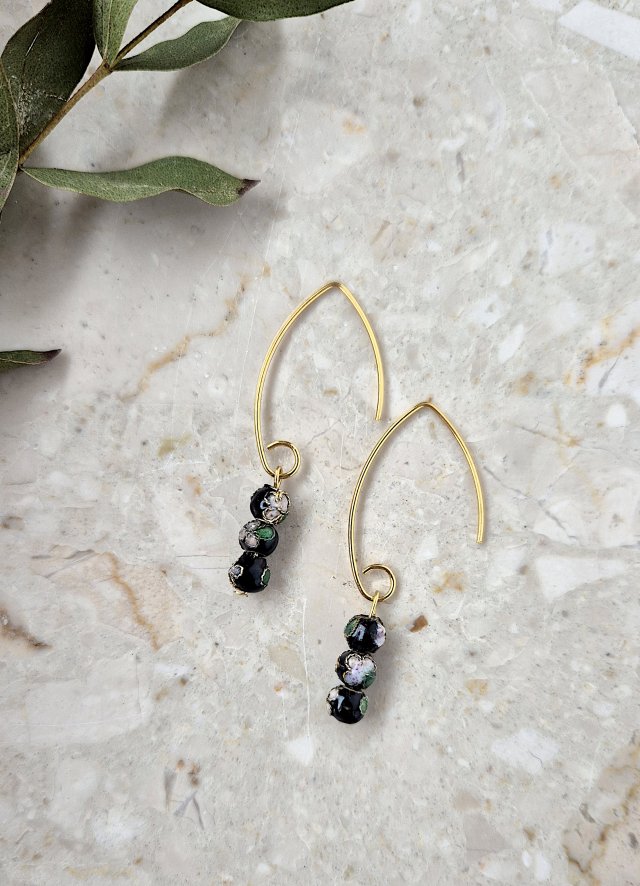 kolczyki CLOISONNE black-srebro 925 złocone 24K