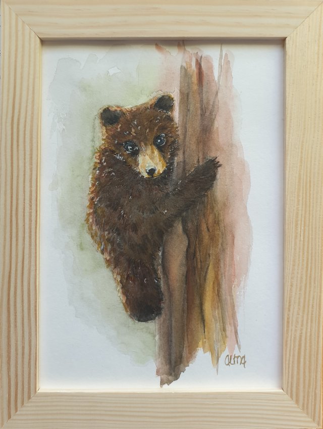Akwarela ręcznie malowana  "Miś" +rama niedźwiedź