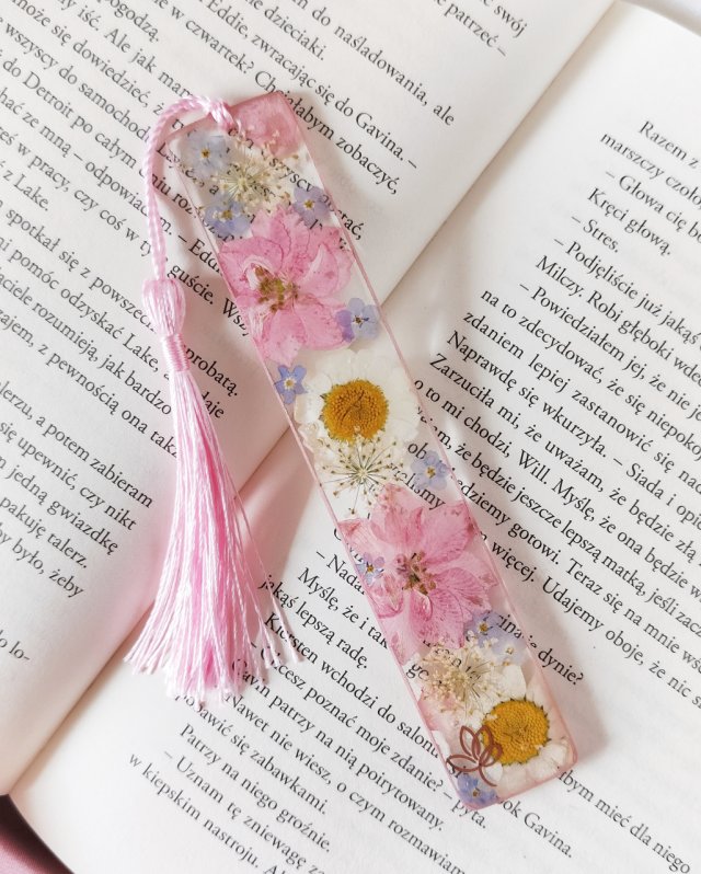 Zakładka do książki z żywicy 14 cm - pink Cloud kompozycja różowych kwiatów