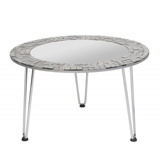 Srebrny stolik kawowy, okrągły stolik zdobiony srebrną mozaiką, nogi chrom, średnica 70 cm, Gullo, BALMAKO