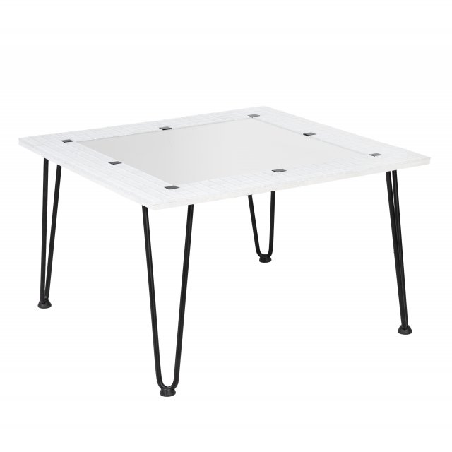 Biały stolik kawowy, stolik kwadratowy, biało czarna mozaika, stolik kontrastowy, metalowe nogi typu szpilki hairpin, rozmiar 70x70 cm, Salvi, BALMAKO