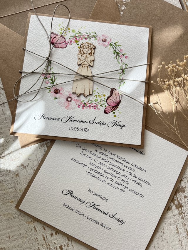 Piękna stylowa personalizowana kartka komunijna z życzeniami