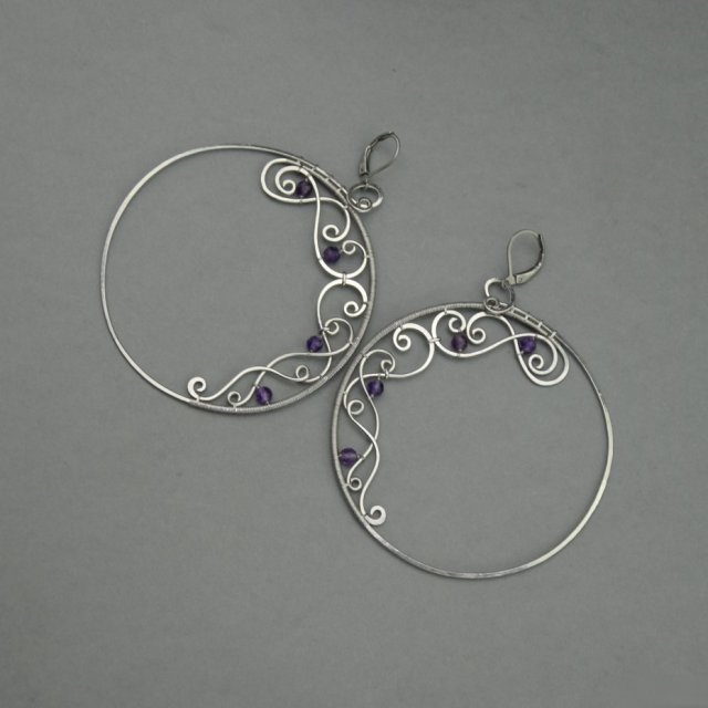 Kolczyki duże koła, ametyst, kółka, wire wrapping, stal chirurgiczna