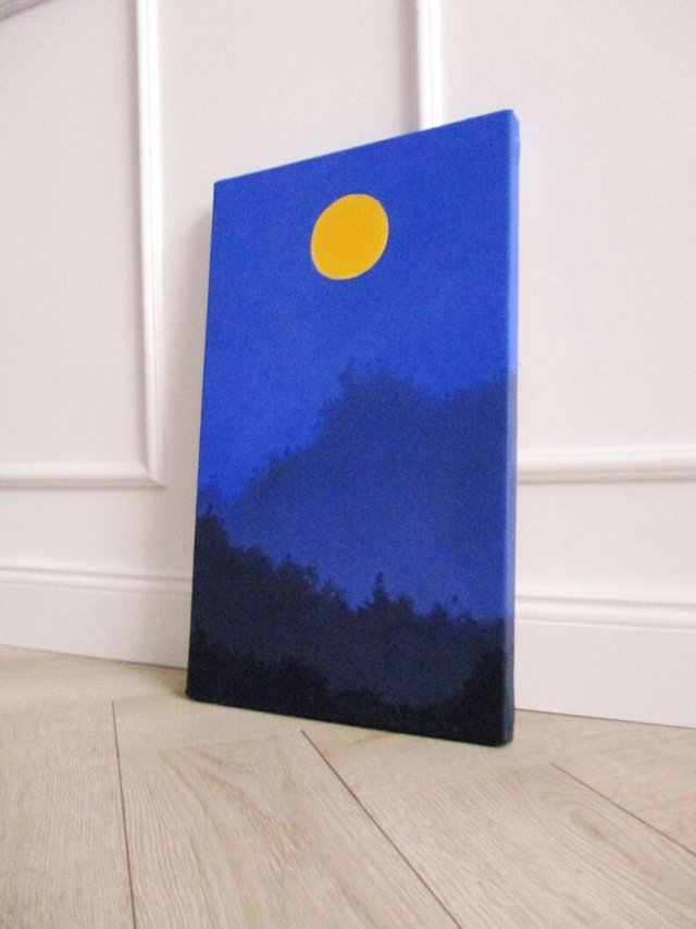 Obraz olejny na płótnie, pejzaż nocny, księżyc, ręcznie malowany, dekoracja pokoju dziecka, niebieski granatowy