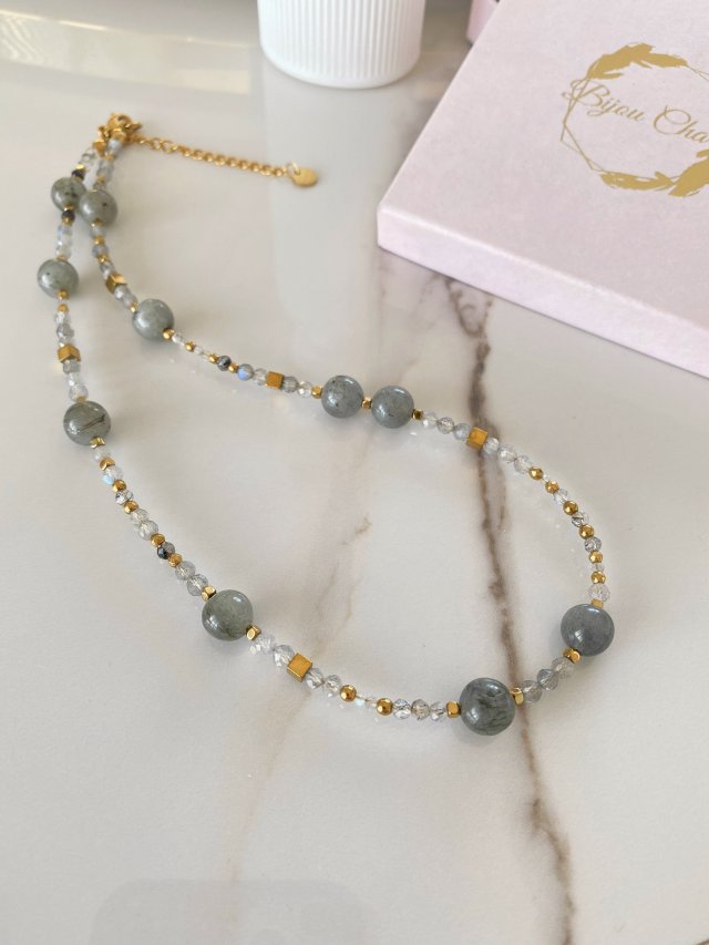 Naszyjnik Choker labradoryt turmalin kwarc zloty