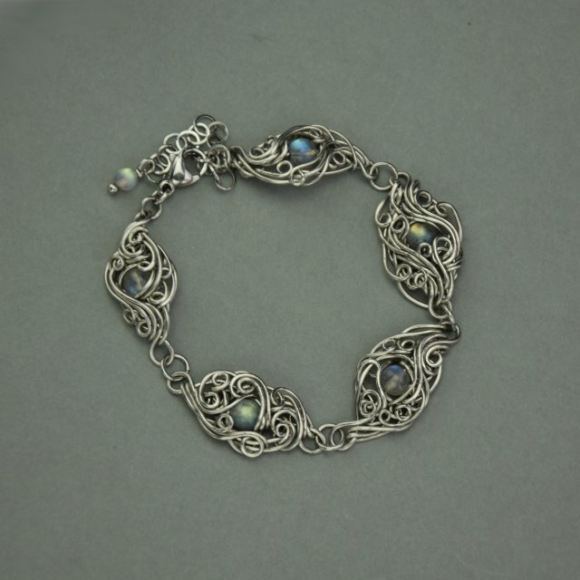 Bransoletka z kolorowymi labradorytami, wire wrapping, stal chirurgiczna, labradoryt
