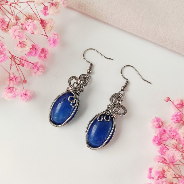 Kolczyki Jadeit Niebieski stal chirurgiczna wisiorek handmade wirewrapping