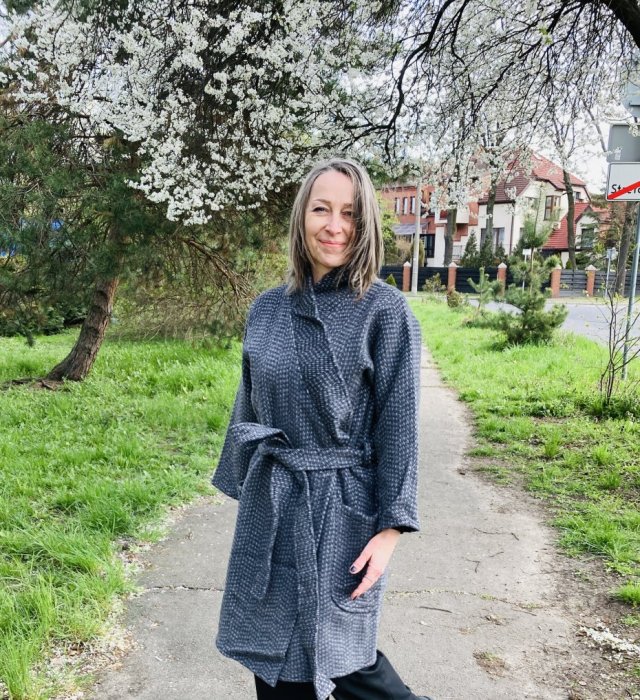 Płaszcz kimono 100% wełna alpaka patchworkowe oko frędzle.