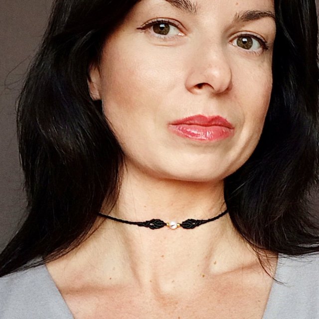 SUPER PEŁNIA opal w makramie naszyjnik choker pleciony czarny mikro makrama ~ delfina dolls