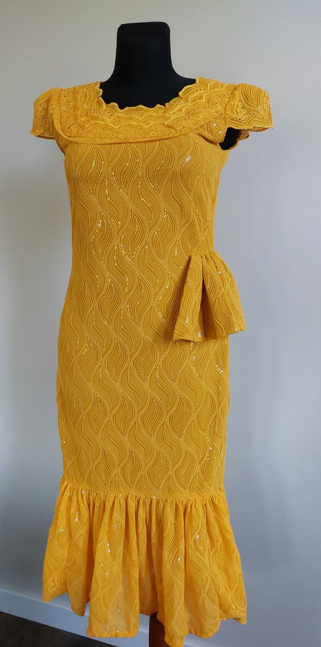 Vintage handmade żółta sukienka z baskinką  retro styl