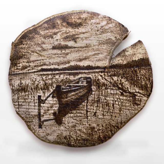 Łódka - pirografia (22x23 cm) - obraz wypalany na drewnie, woodburning, pyrography art