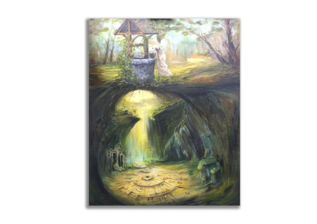 Obraz olejny ręcznie malowany 92x125 cm autorski oryginalny runy drzewo + rama drewniana!