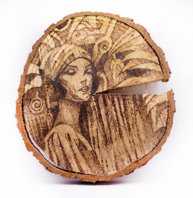 Twenties - pirografia (19x18 cm) - obraz wypalany na drewnie, woodburning, pyrography art