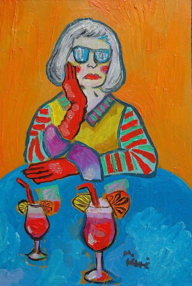 obraz do salonu portret babcia z drinkiem