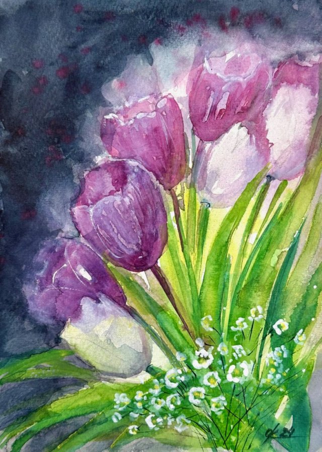 Tulipany. Wiosenny nastrój Original Akwarela A4