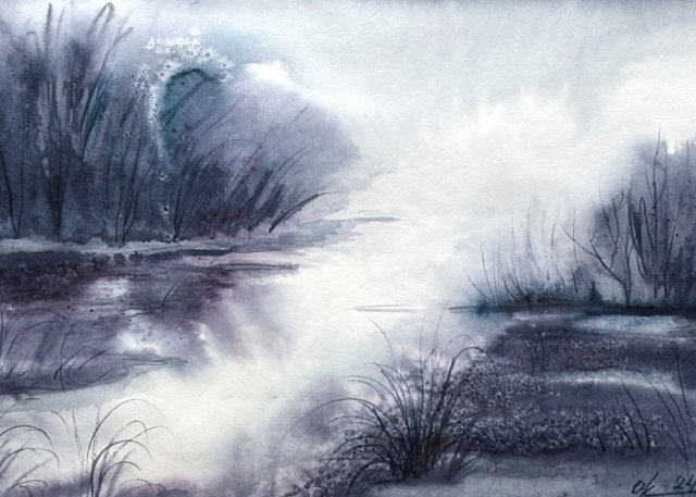 Akwarela 30x40cm Mglisty poranek na terenach zalewowych