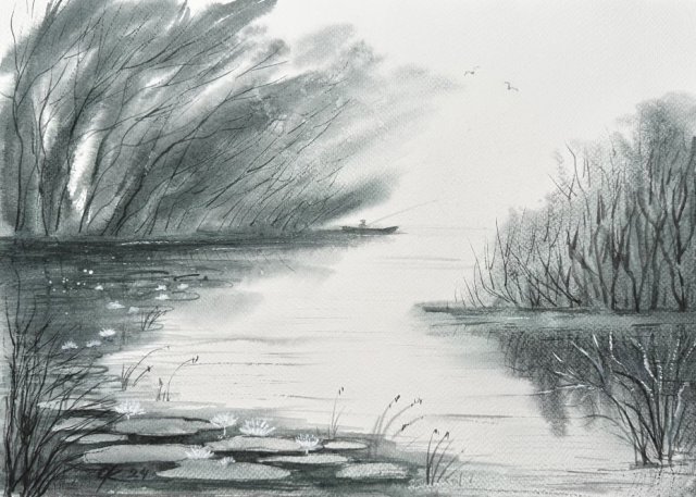 Akwarela 30x40cm Ciche miejsce do wędkowania