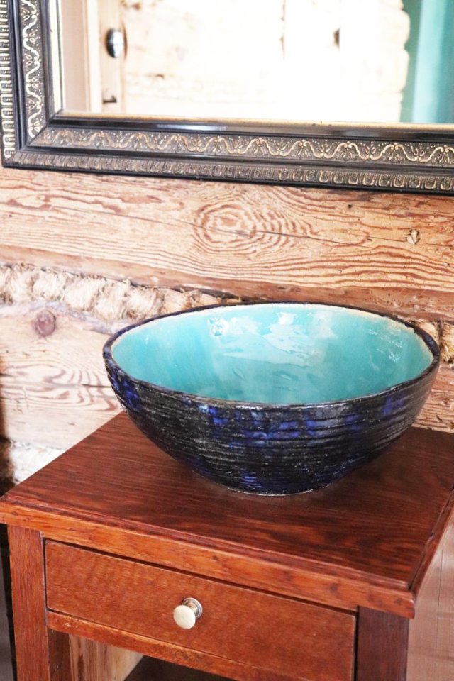 Umywalka turkusowa 38 cm, umywalka niebieska, umywalka nablatowa, umywalka ceramiczna, umywalka gliniana, umywalka ręcznie robiona