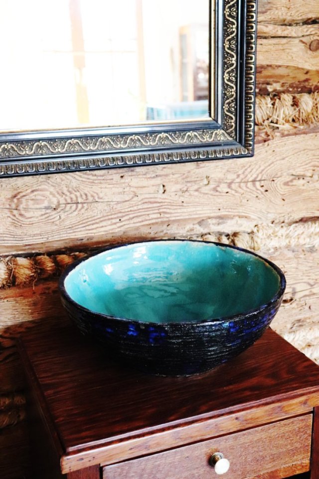 Umywalka turkusowa 46 cm, umywalka niebieska, umywalka nablatowa, umywalka ceramiczna, umywalka gliniana, umywalka ręcznie robiona
