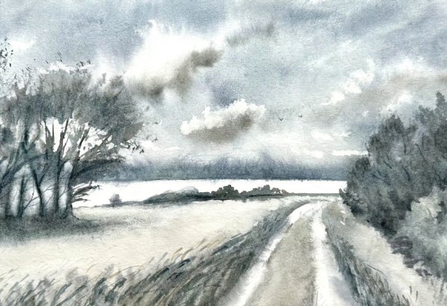 Droga wśród pól pszenicy 30/40cm. Original Akwarela A3
