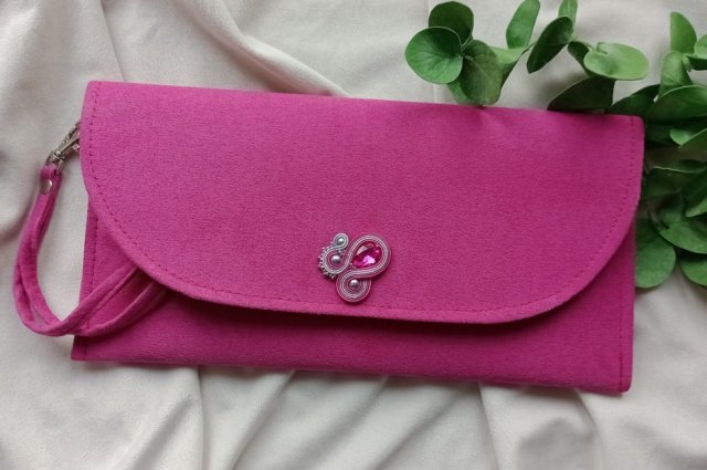 Torebka kopertówka fuksja mocny róż, soutache sutasz, torebka ręcznie robiona boho fuksja, fuksja torebka, wieczorowa torebka, różowa torebka