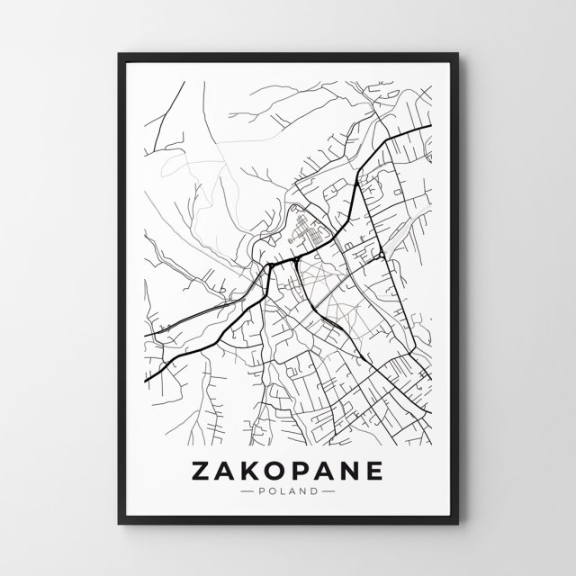 Mapa Zakopane  - plakat 30x40 cm  - plakat Zakopane czarno-biały