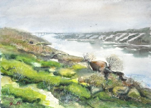 Wiosenny brzeg rzeki 30/42cm. Original Akwarela A3