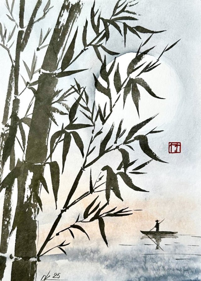 Bambus i rybak japońskie malarstwo sumi-e. Original Akwarela A4