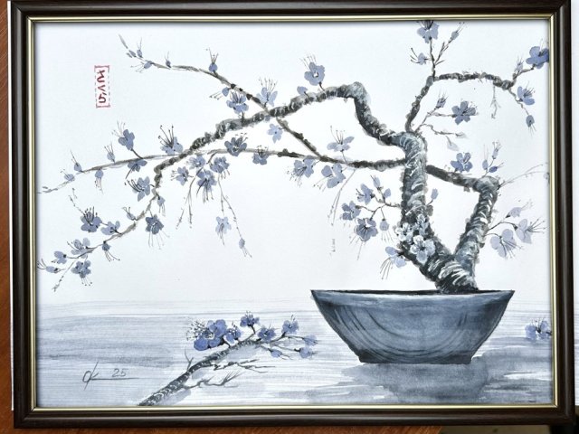 Oddech wiosny. japońskie malarstwo sumi-e. Original Akwarela A3