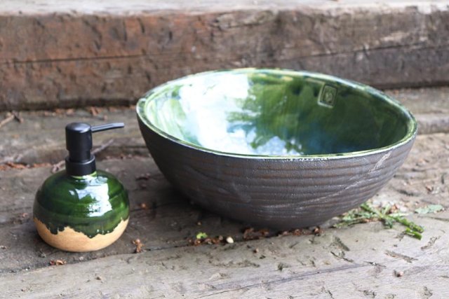 Malachitowa Umywalka Ceramiczna Nablatowa 46 cm Okrągła Ręcznie Robiona, Umywalka zielona, umywalka nablatowa, umywalka ceramiczna, umywalka łazienkow