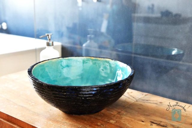 Umywalka turkusowa 45 cm, umywalka niebieska, umywalka nablatowa, umywalka ceramiczna, umywalka gliniana, umywalka ręcznie robiona