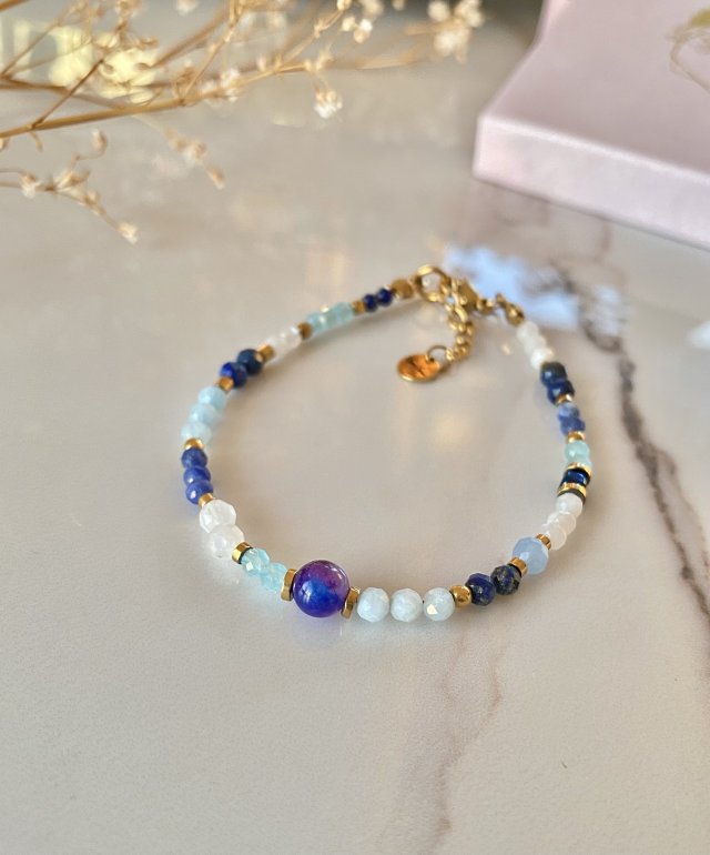 Bransoletka amulet zodiak Bliźnięta sugilit akwamaryn lapis lazuli sodalit