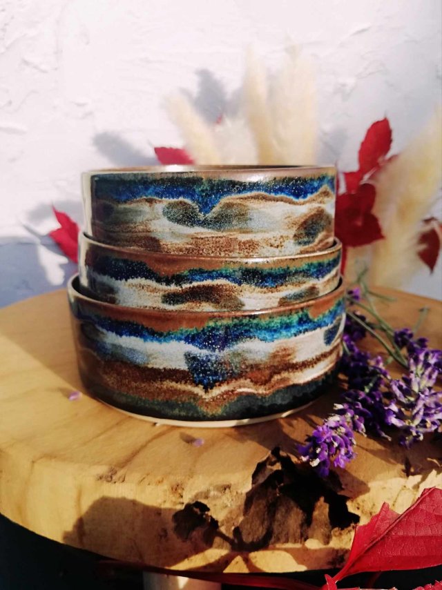 KAMIONKOWY KOMPLET MISECZEK WARIACJA CERAMICZNA na biżuterię ŚWIECE przekąski ZESTAW PODSTAWEK trzy sztuki GAIA-DESIGN