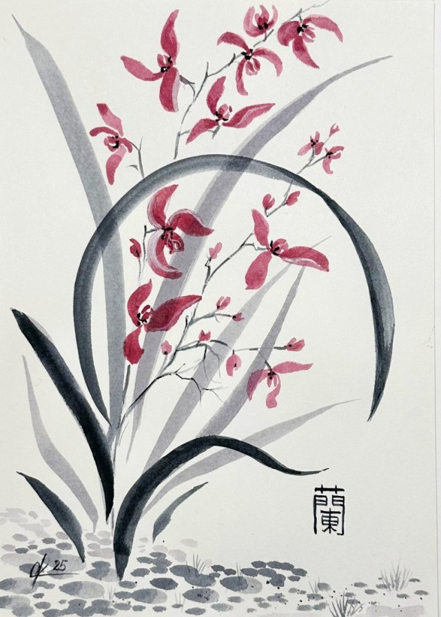 Wdzięk orchidei. japońskie malarstwo sumi-e. Original Akwarela A4+