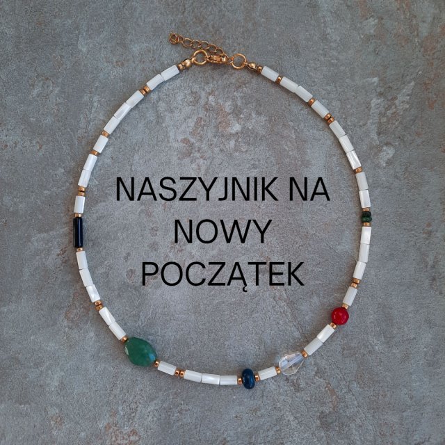 Naszyjnik na nowy początek - czarny onyks, masa perłowa, chalcedon, koral, kryształ