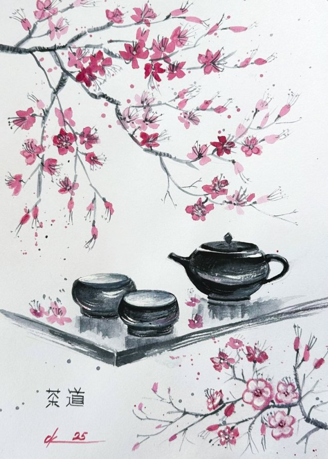 Ceremonia picia herbaty. japońskie malarstwo sumi-e. Original Akwarela A4+