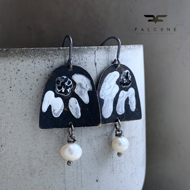Kolczyki White & Black - Flower with Pearl